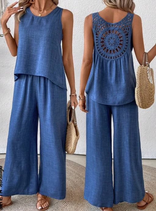 Solid Tank Top Wide Leg Pants Set 2 Piece Summer Vacation Polyester