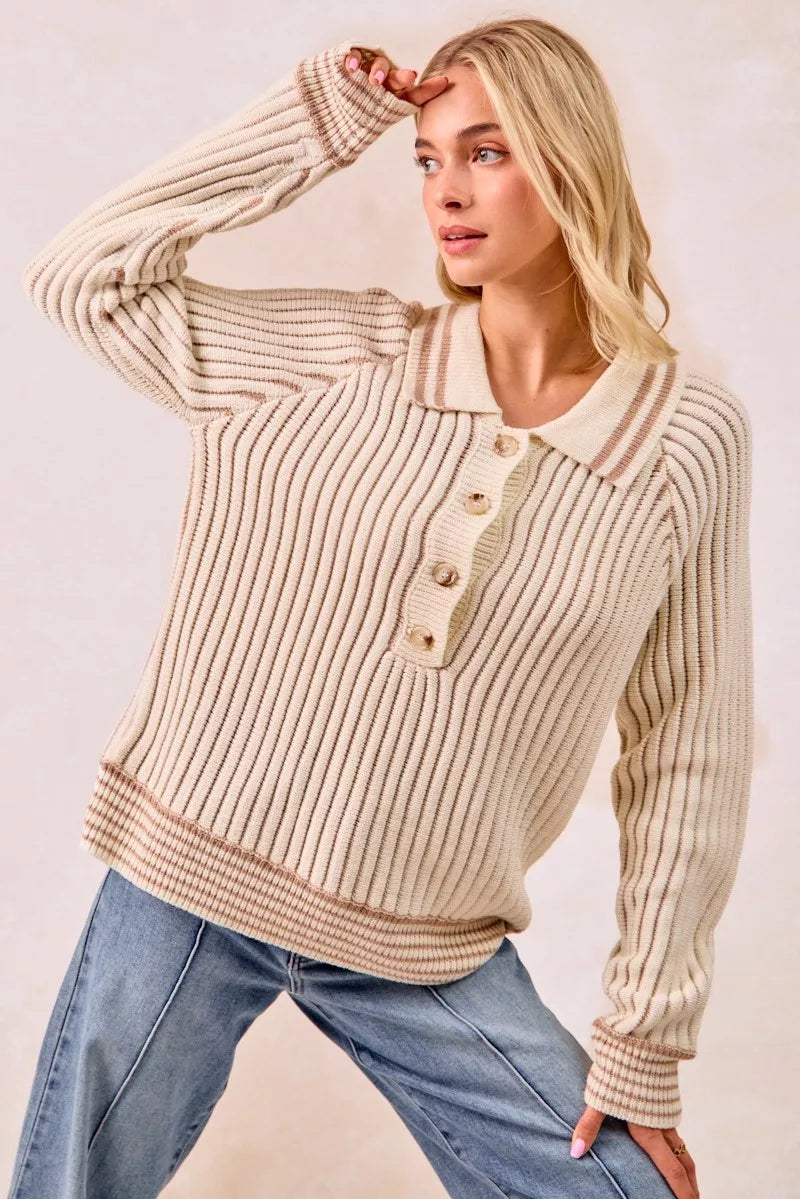 Sarah Express Women’s Two Tone Ribbed Sweater with Half Button Collar