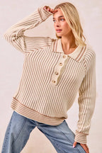 Sarah Express Women’s Two Tone Ribbed Sweater with Half Button Collar
