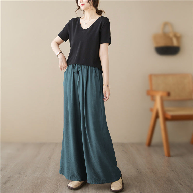 Women's Plus Size Wide Leg Pants Elastic Waist Straight Cotton Casual Trousers