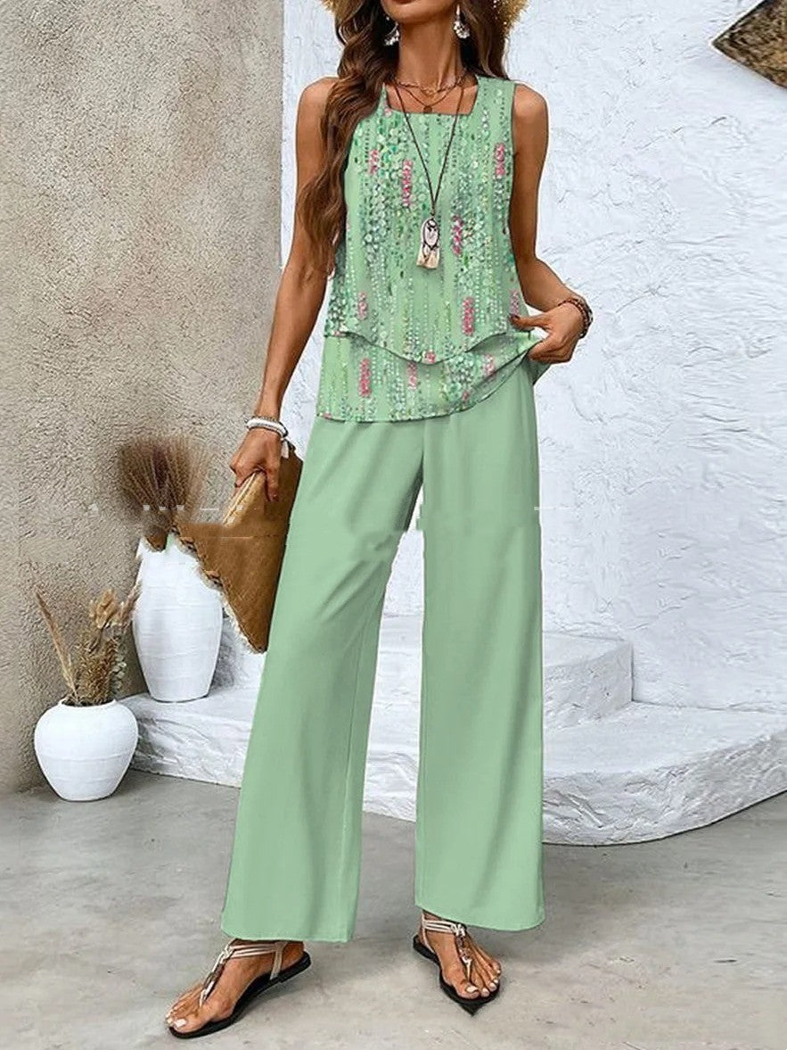 Women's Print Two-Piece Set Sleeveless Double Layer Vest Top Loose Straight Pants Floral Suit