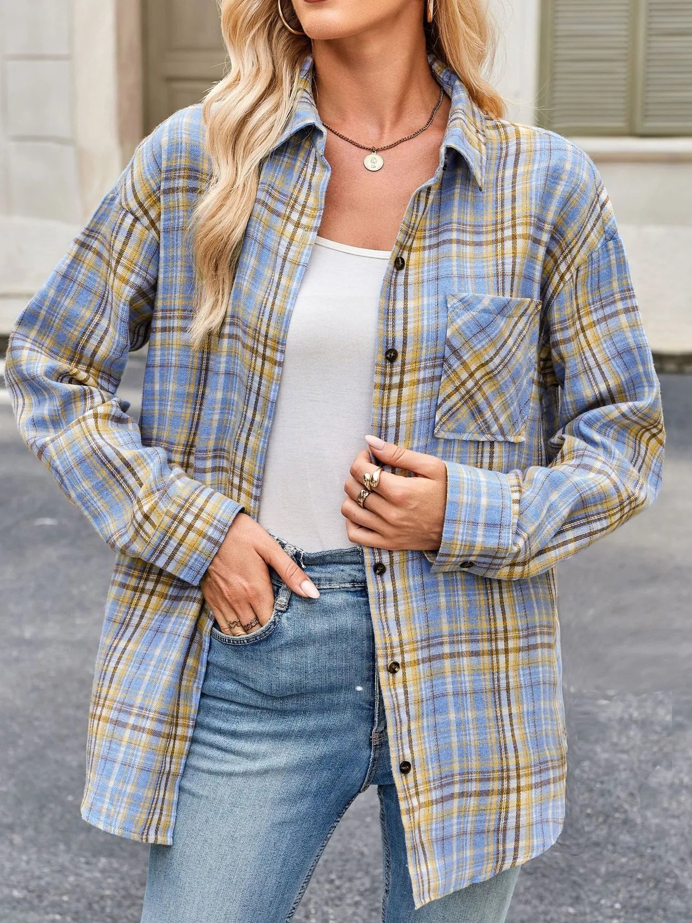 Sarah Express Women's Plaid Button Up Long Sleeve Shirt - Oversized Casual Top