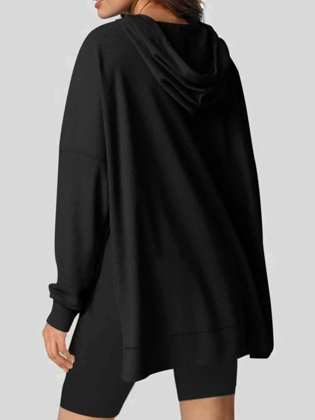 Sarah Express Women's Slit Drawstring Waffle Knit Hoodie