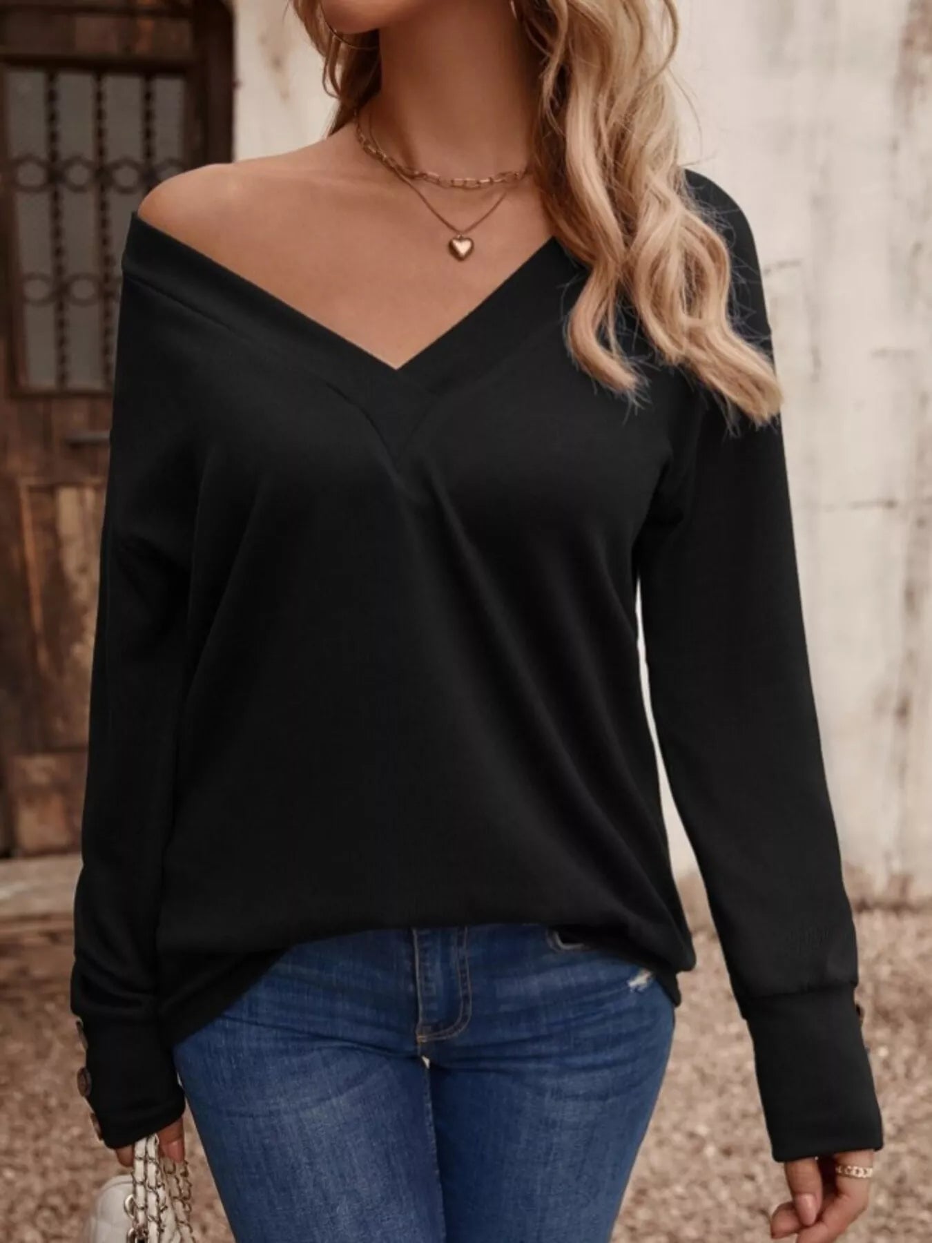 Sarah Express Women's V-Neck Long Sleeve T-Shirt - Button Detail Casual Top