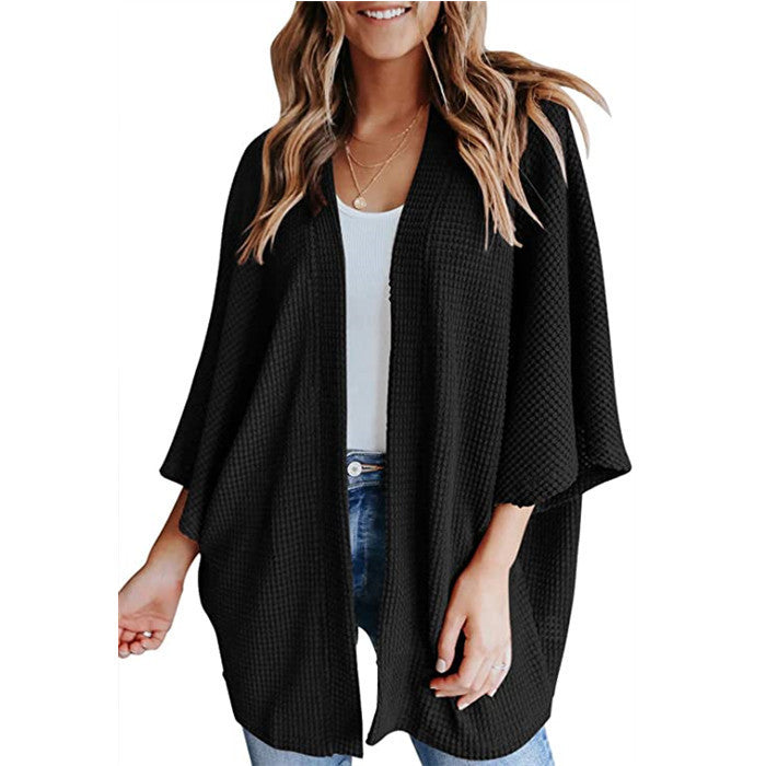 Women's Waffle Knit Bat Sleeve V-Neck Cardigan