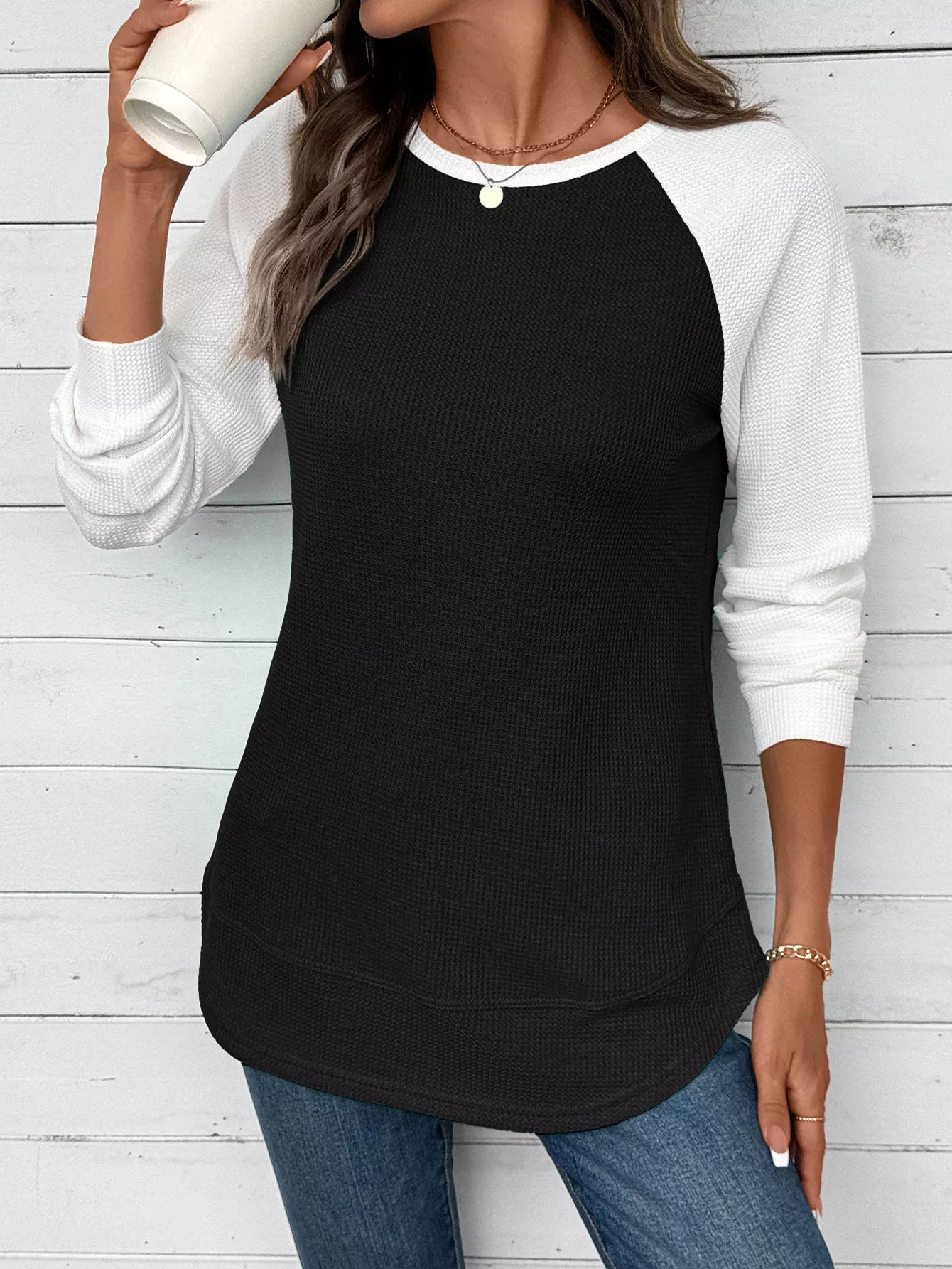 Sarah Express Women's Contrast Raglan Sleeve Waffle Knit T-Shirt