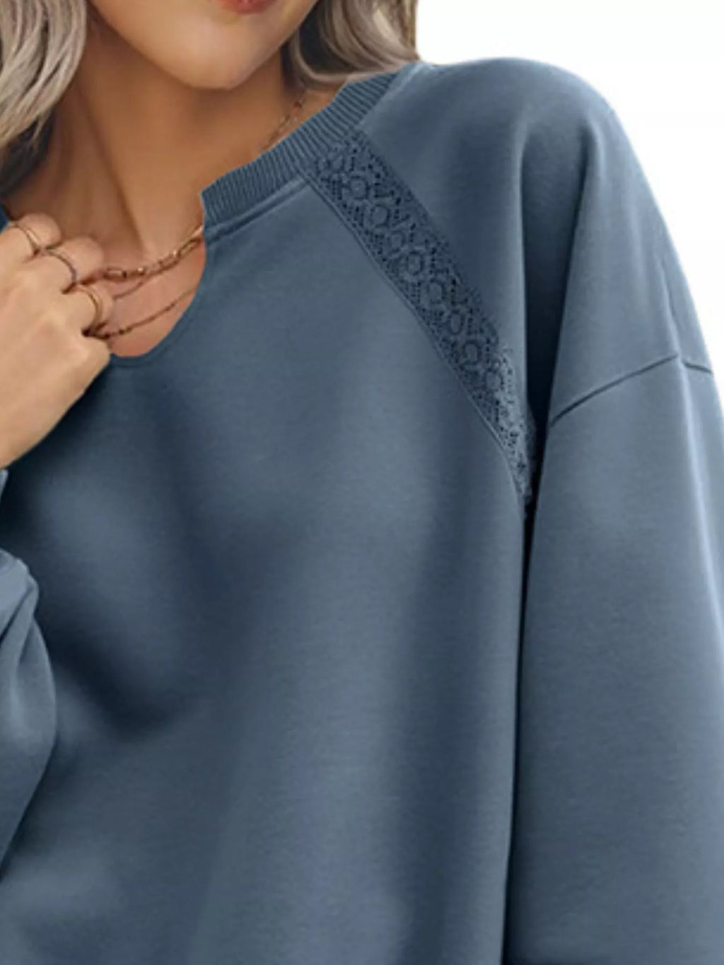 Sarah Express Women's Lace Detail Notched Long Sleeve Sweatshirt - Oversized Casual Pullover