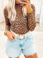 Sarah Express Women's Leopard Mock Neck Long Sleeve Mesh Top Leopard