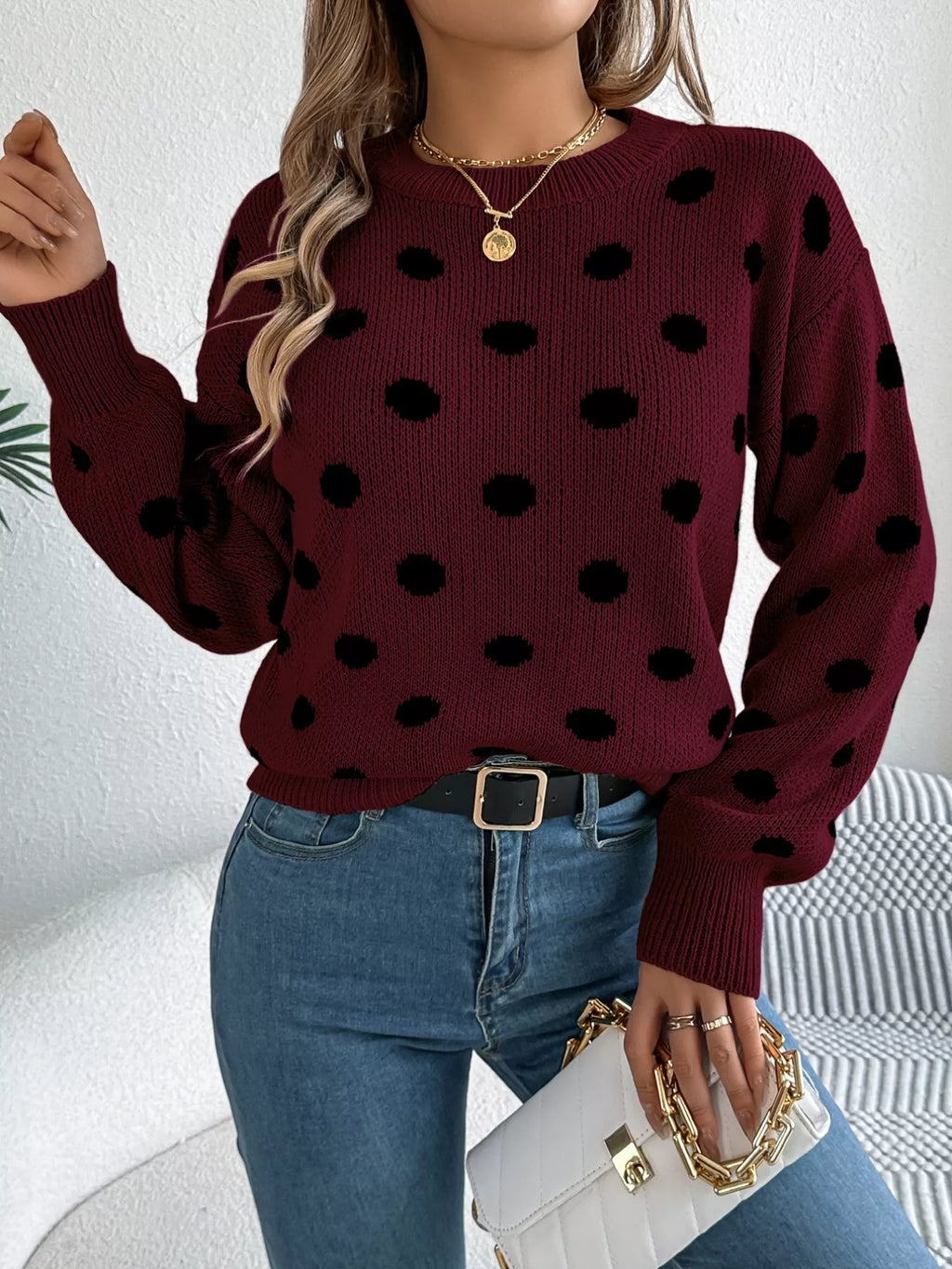 Sarah Express Women's Polka Dot Round Neck Sweater