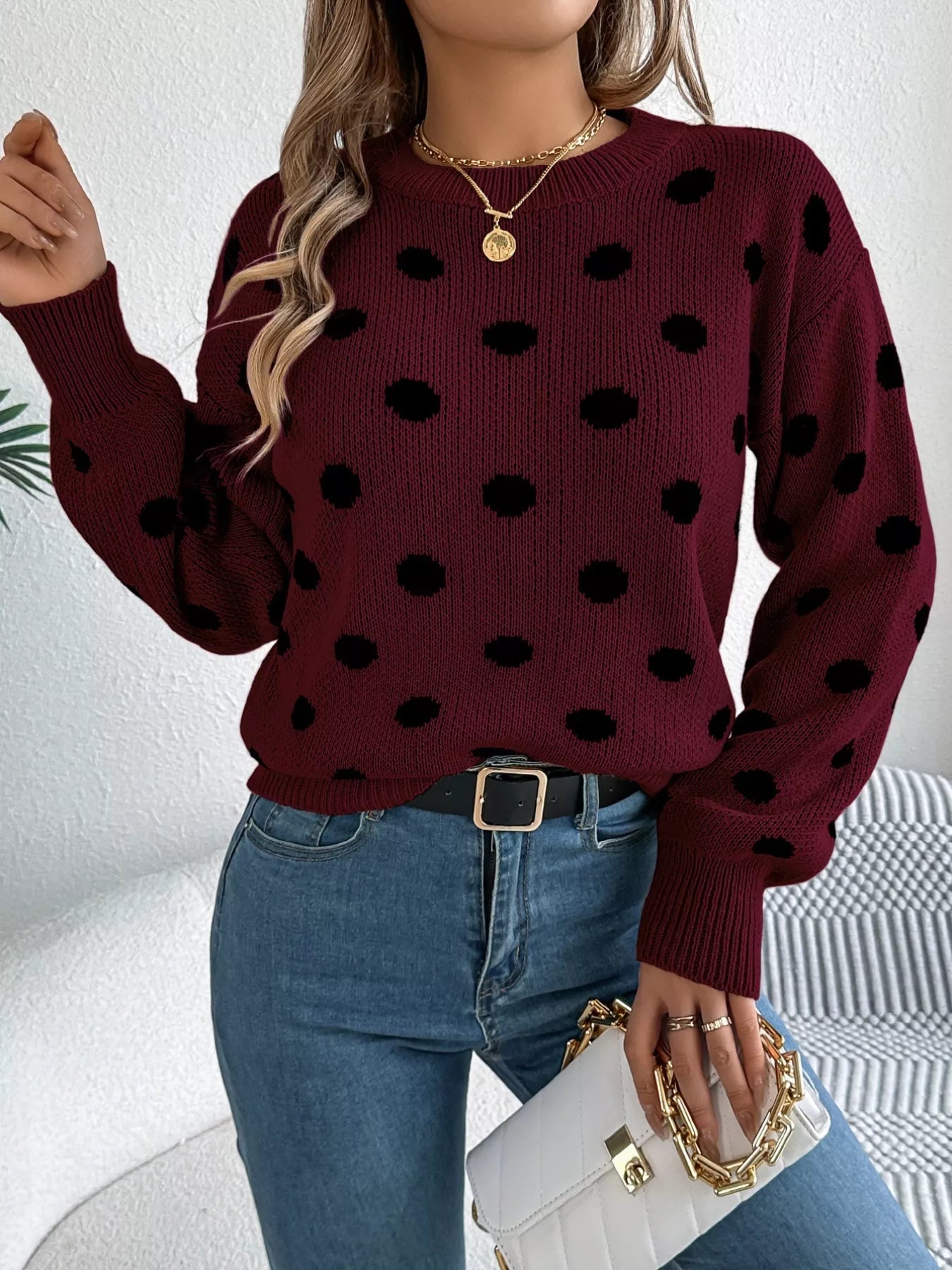 Sarah Express Women's Polka Dot Round Neck Sweater