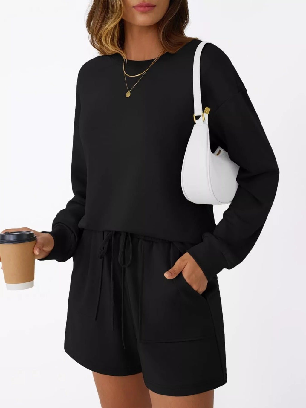 Sarah Express Women's Round Neck Long Sleeve Top and Shorts Set - Two Piece Loungewear