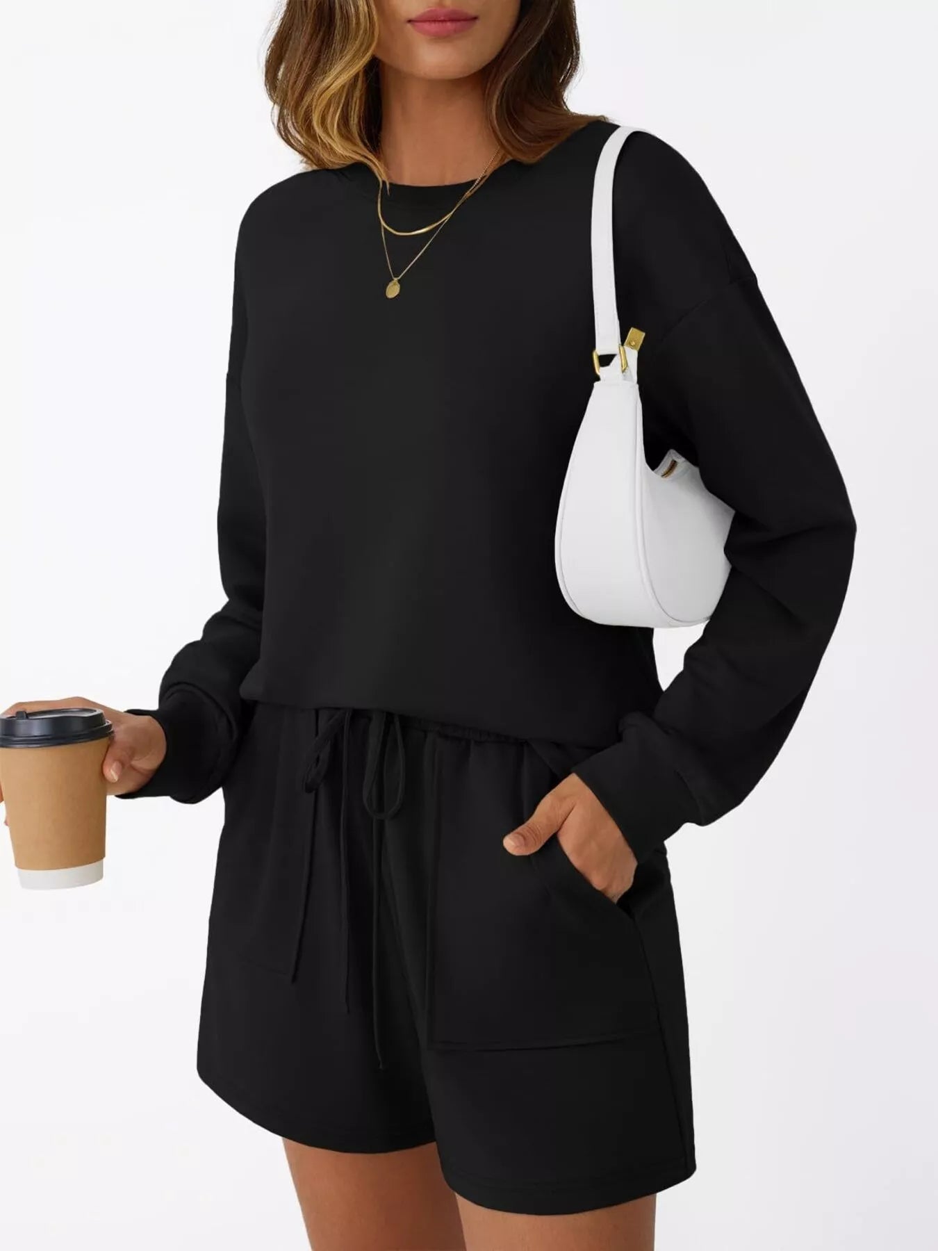 Sarah Express Women's Round Neck Long Sleeve Top and Shorts Set - Two Piece Loungewear