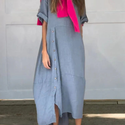 Women's Loose Cotton Linen Maxi Dress Short Sleeve Casual Relaxed Fit