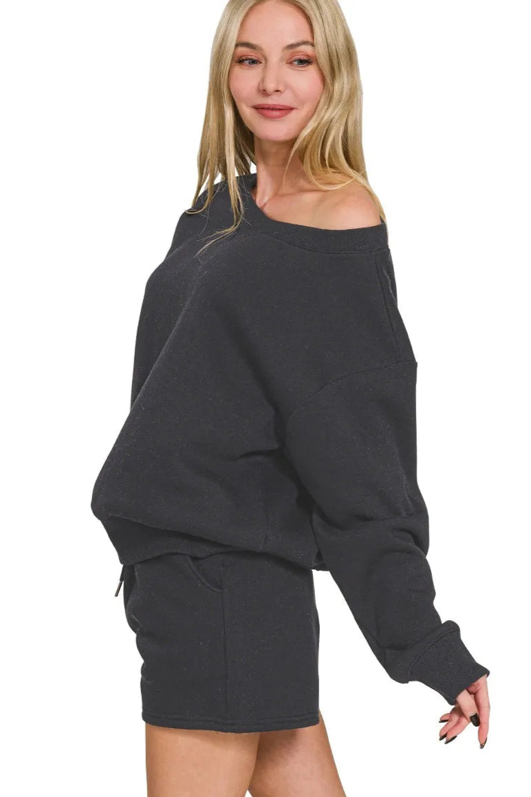 Fleece Boat Neck Sweatshirt and Shorts Set