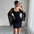 Women's Bell Sleeve Lace Square Collar Hip Dress