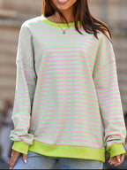 Sarah Express Women's Striped Contrast Ribbed Trim Drop Shoulder Sweatshirt