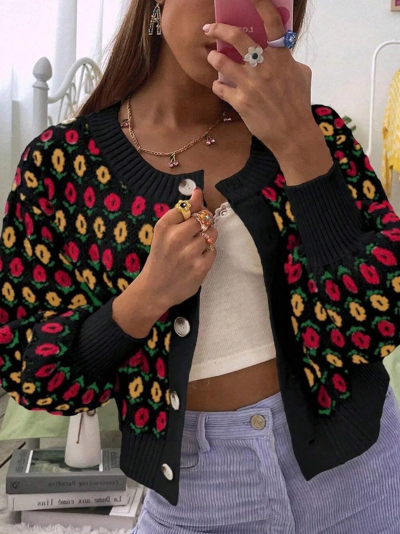 Sarah Express Women's Floral Button Up Long Sleeve Cardigan Black