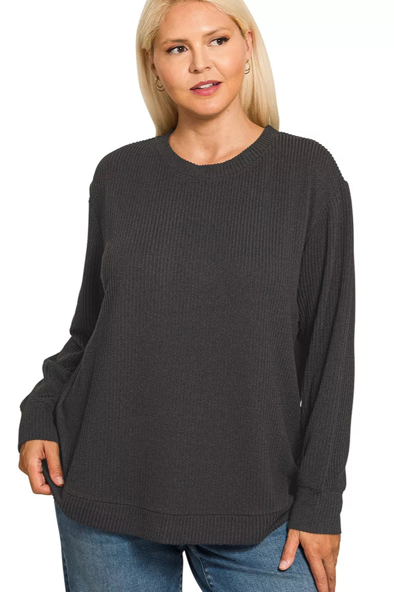Sarah Express Women’s Plus Size Raised Rib Long Sleeve Top Casual All-Season
