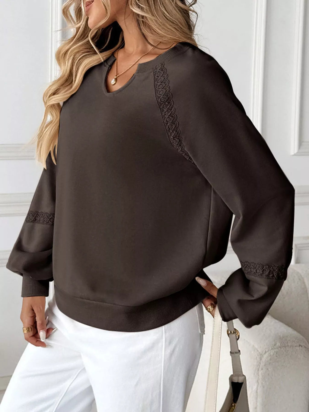 Sarah Express Women's Notched Raglan Sleeve Sweatshirt with Lace Detail
