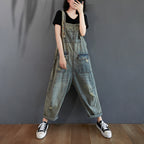 Ripped Denim Overalls Women Retro Light Wash Cotton Summer