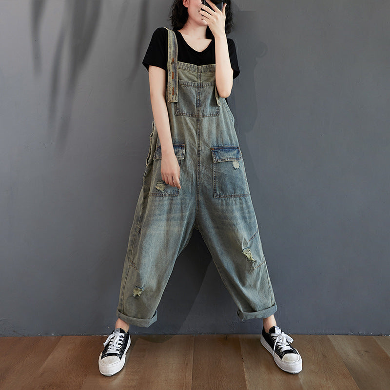 Ripped Denim Overalls Women Retro Light Wash Cotton Summer
