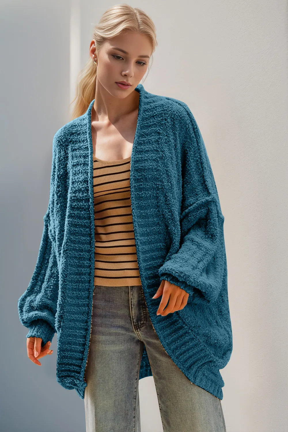 Sarah Express Women's Open Front Long Sleeve Cardigan - Basic Style Acrylic Knit Cerulean