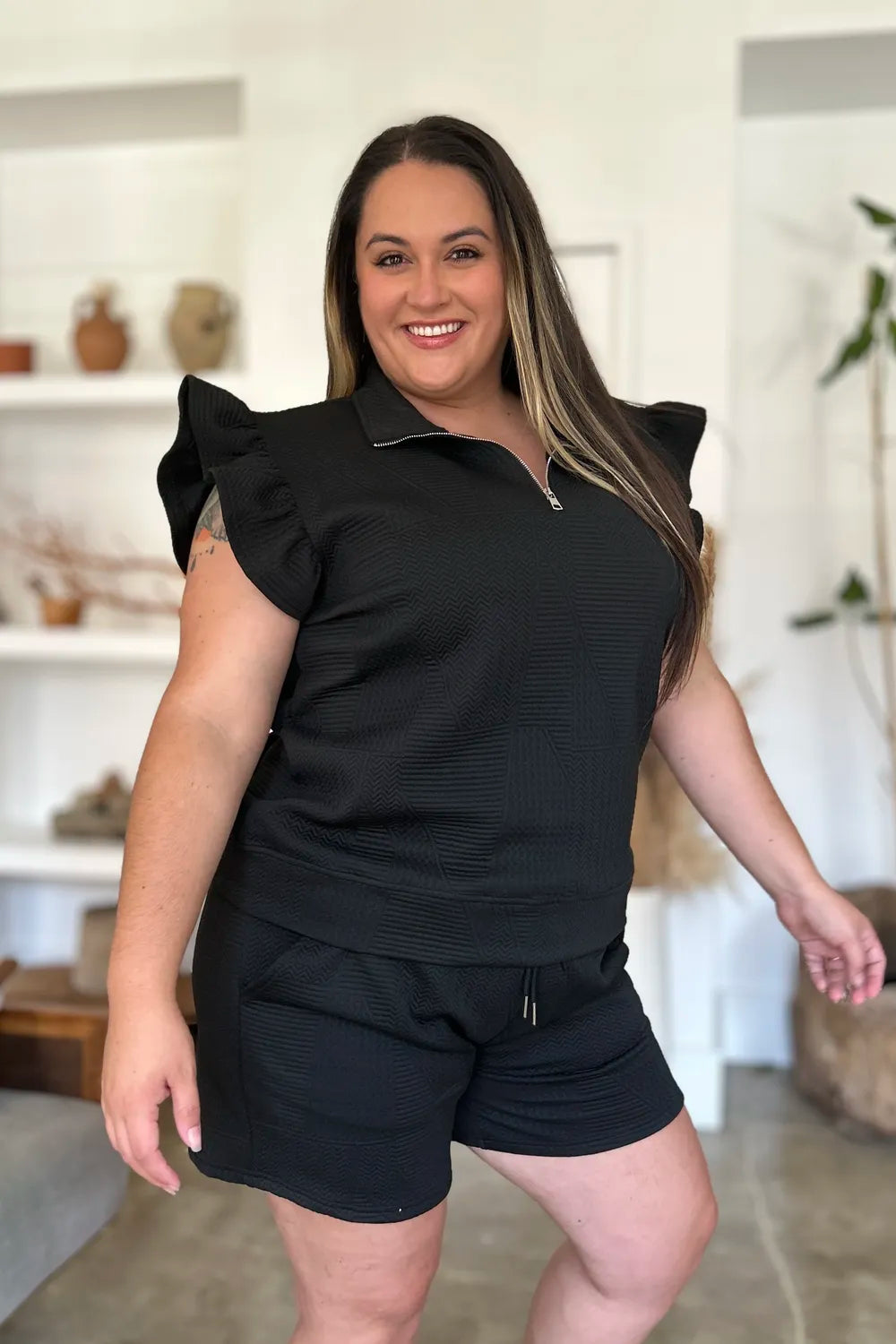 Sarah Express Women’s Plus Size Textured Flounce Sleeve Top and Shorts Set