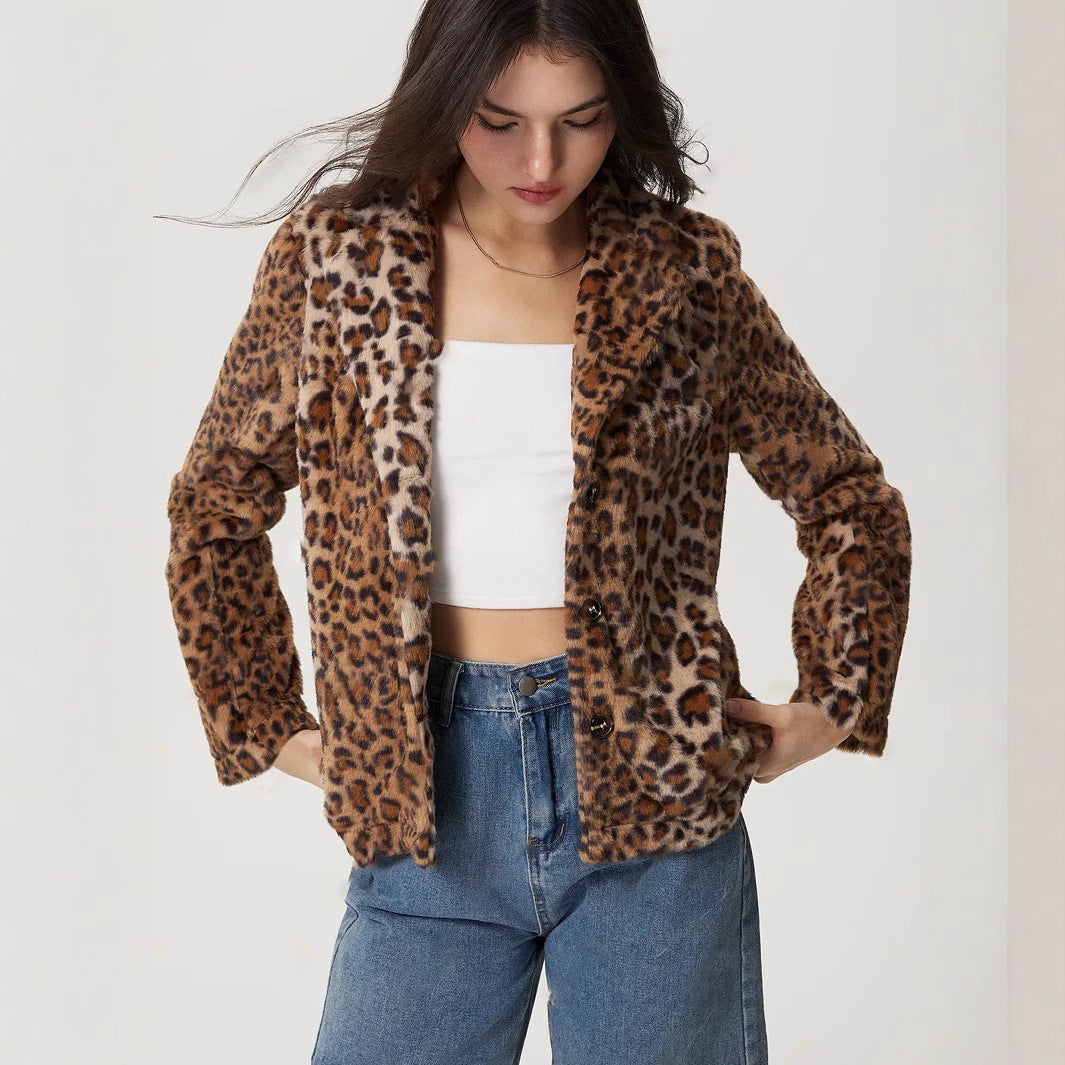 Women's Leopard Print Buckle Lapel Thickening Coat
