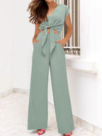 Sarah Express Women's Tie Front Top and Wide Leg Pants Set