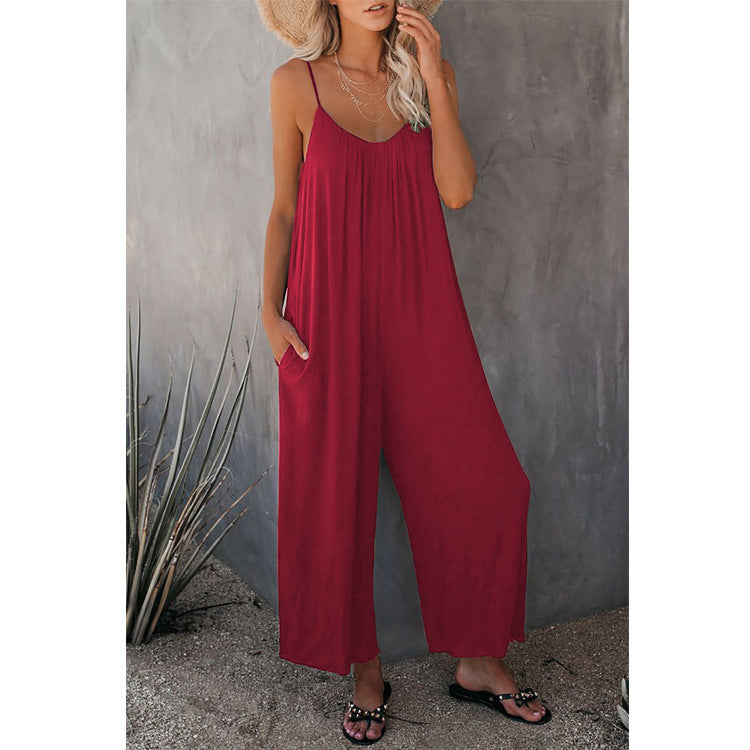 Women's Sleeveless Jumpsuit with Pockets - Casual Loose Fit Romper
