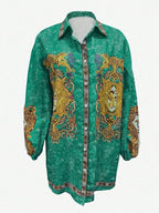 Women's Boho Geometric Print Button Front Shirt Dress with Asymmetrical Hem