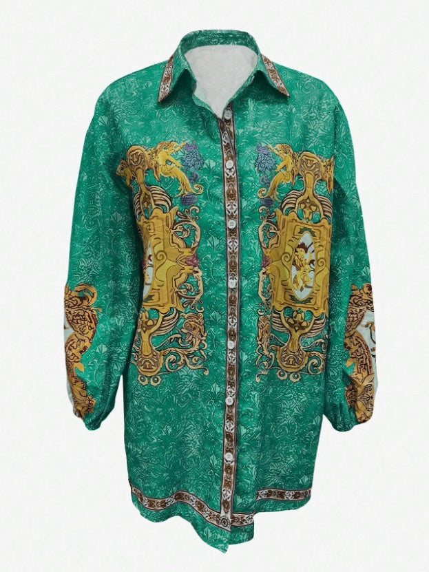 Women's Boho Geometric Print Button Front Shirt Dress with Asymmetrical Hem