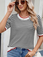 Sarah Express Women's Striped Casual T-Shirt with Contrast Trim