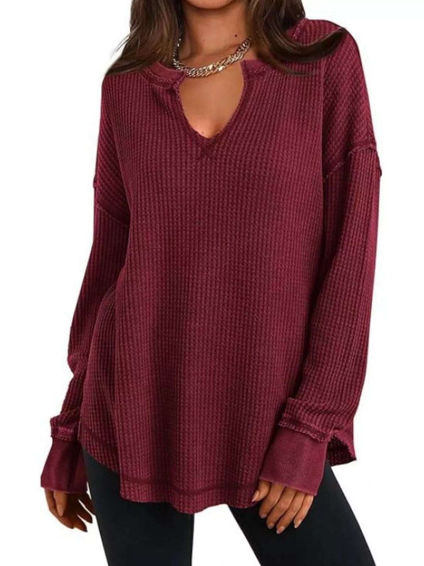 Sarah Express Women's Waffle Knit Long Sleeve Sweatshirt Burgundy
