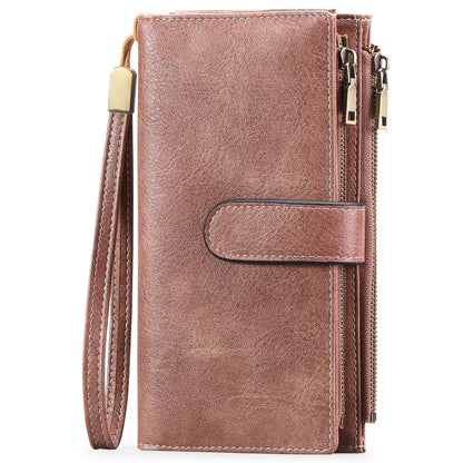Sarah Express Women's Vintage Tri-Fold Wallet with RFID Protection - Oil Wax Leather Long Purse Rouge Pink