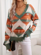 Sarah Express Women's Geometric Frayed Hem V-Neck Long Sleeve Sweater