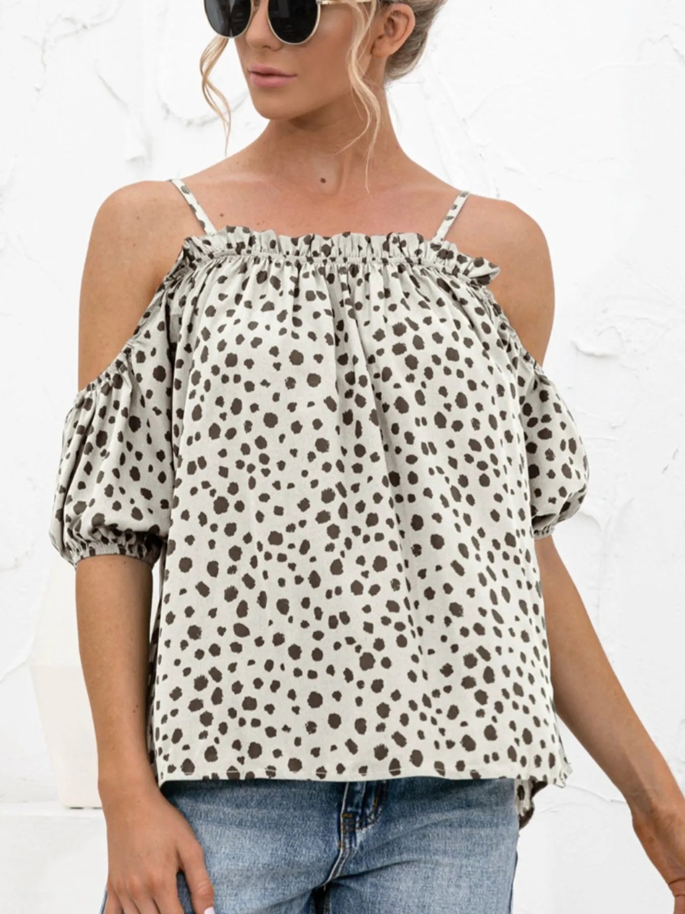 Sarah Express Women's Puff Sleeve Polka Dot Ruffle Cami Top