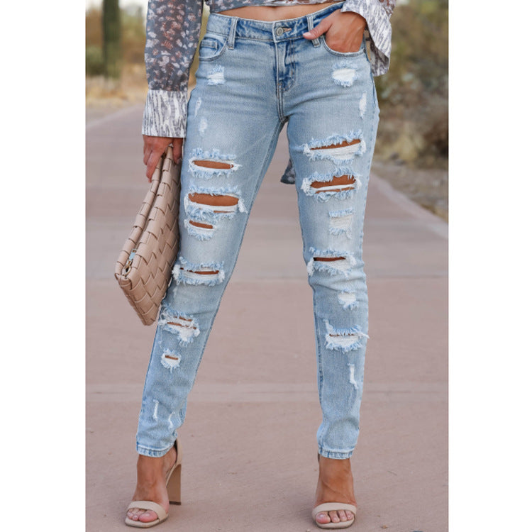 Women's Distressed Skinny Pants Mid Waist Cotton Ripped Denim Trousers Street Style
