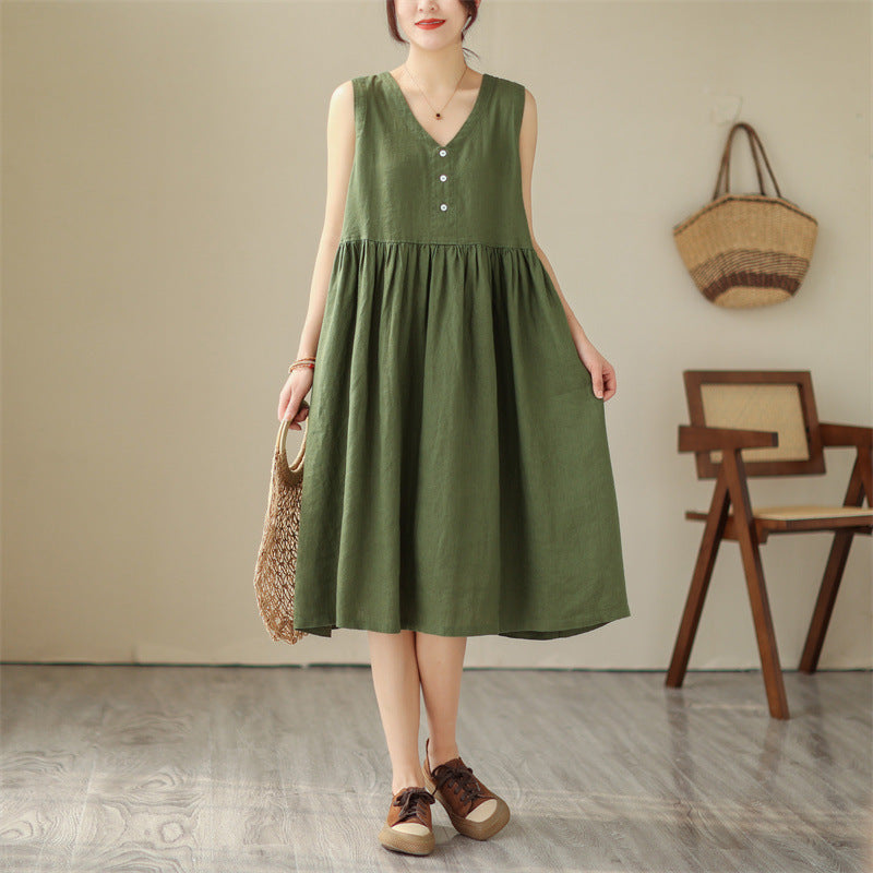 Women's Cotton Linen V-Neck Sleeveless Midi Dress Japanese Style Loose Fit Summer