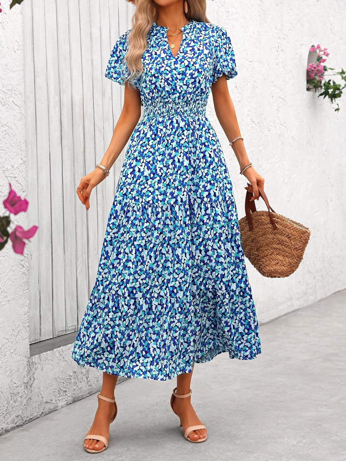 Floral V-Neck Bubble Pleated Maxi Dress Elastic Waist Short Sleeve