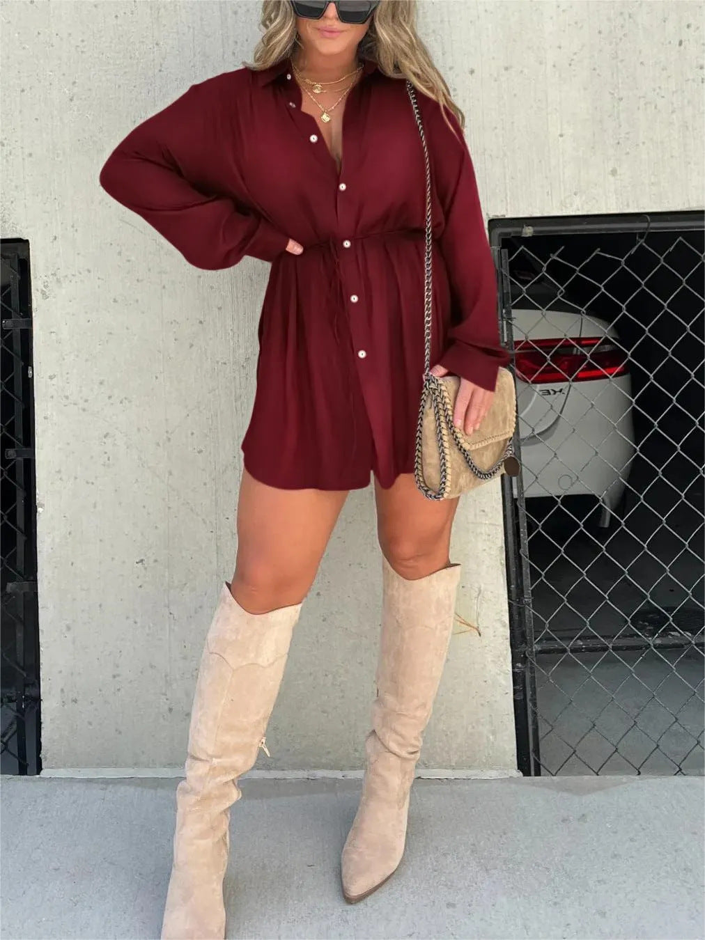 Women's Long Sleeve Button-Down Romper Shorts Jumpsuit