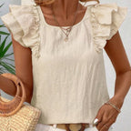 Textured Bow Knot Butterfly Sleeve Blouse Women's Frilled Top