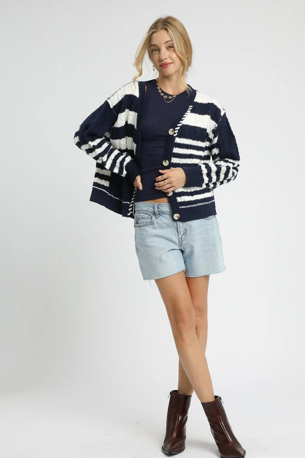 Sarah Express Women’s Stripe Cable-Knit Button-Up Cardigan Casual Fall Winter