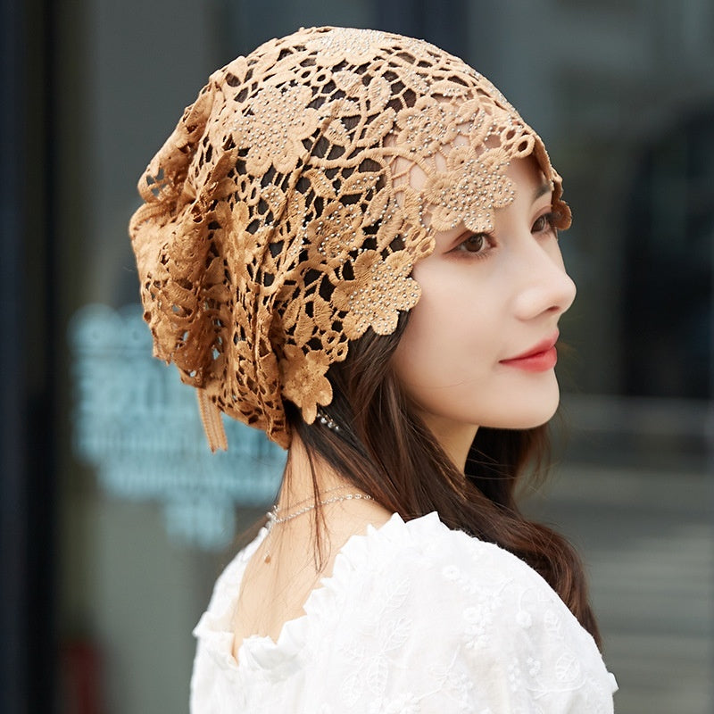 Ethnic Floral Lace Head Wrap Turban Breathable Pullover Hat