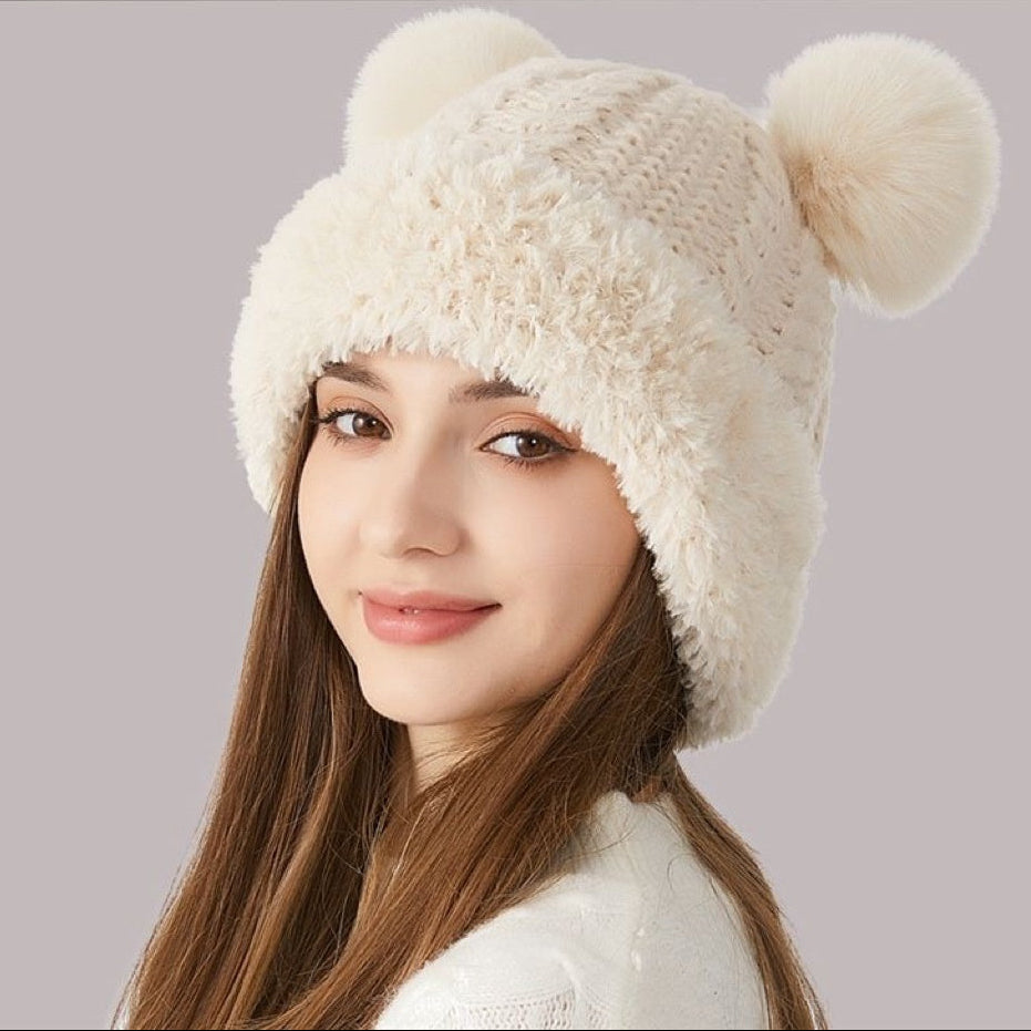 Sarah Express Women's Double Pom-Pom Knitted Winter Hat Fur Ball Dome Crown Windproof