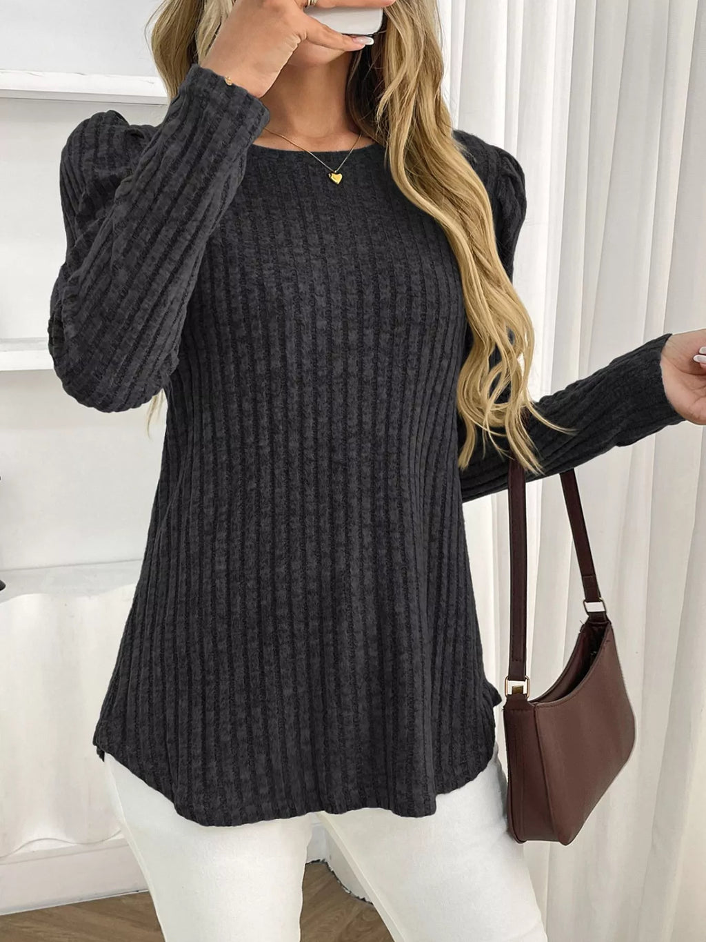 Sarah Express Women's Round Neck Puff Sleeve T-Shirt - Ribbed Casual Top with Pockets