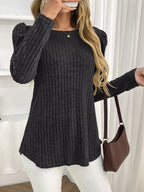 Sarah Express Women's Round Neck Puff Sleeve T-Shirt - Ribbed Casual Top with Pockets