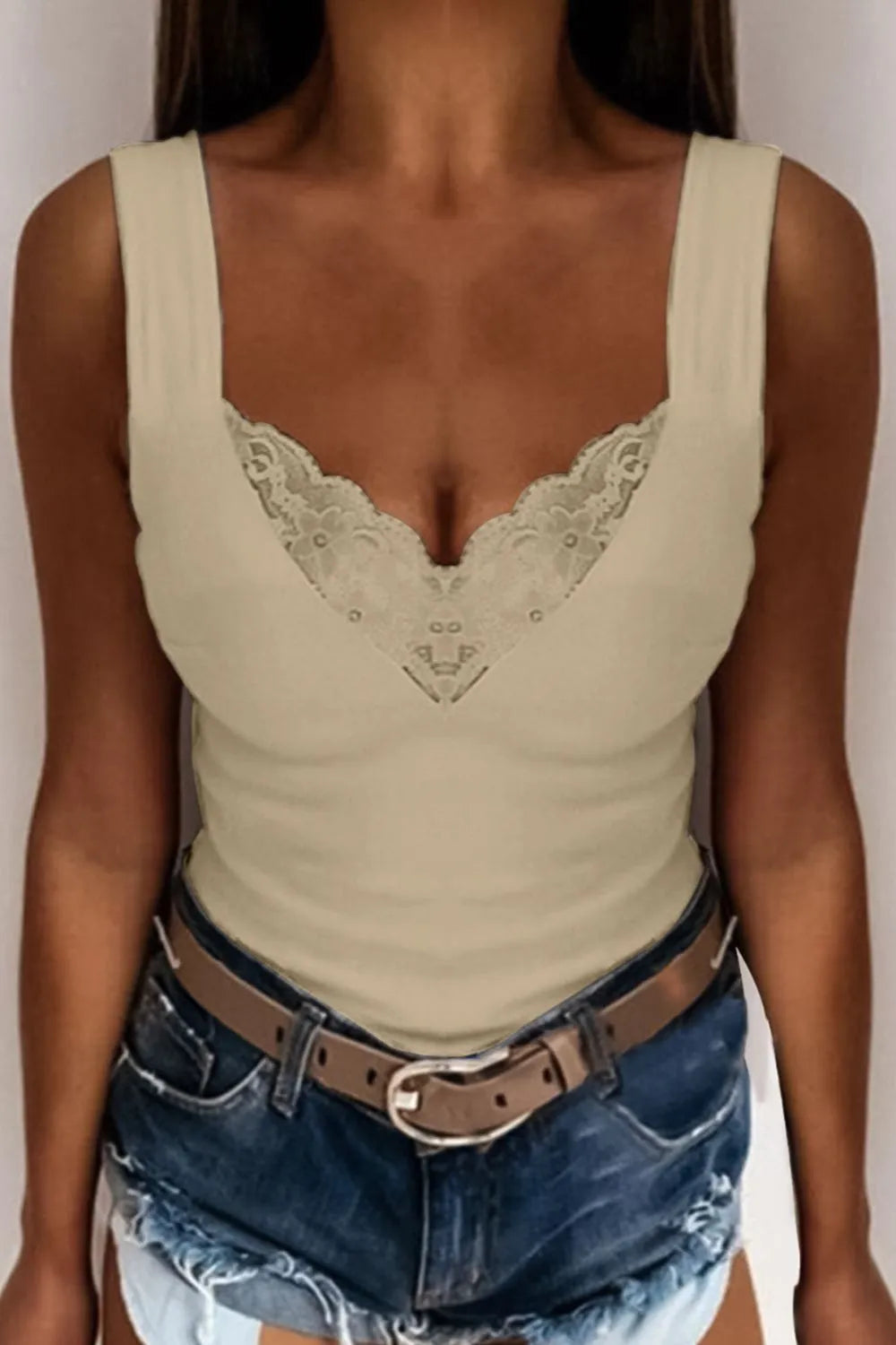 Sarah Express Women's Lace Detail V-Neck Tank Top - Plus Size Stretchy Rayon Blend Khaki