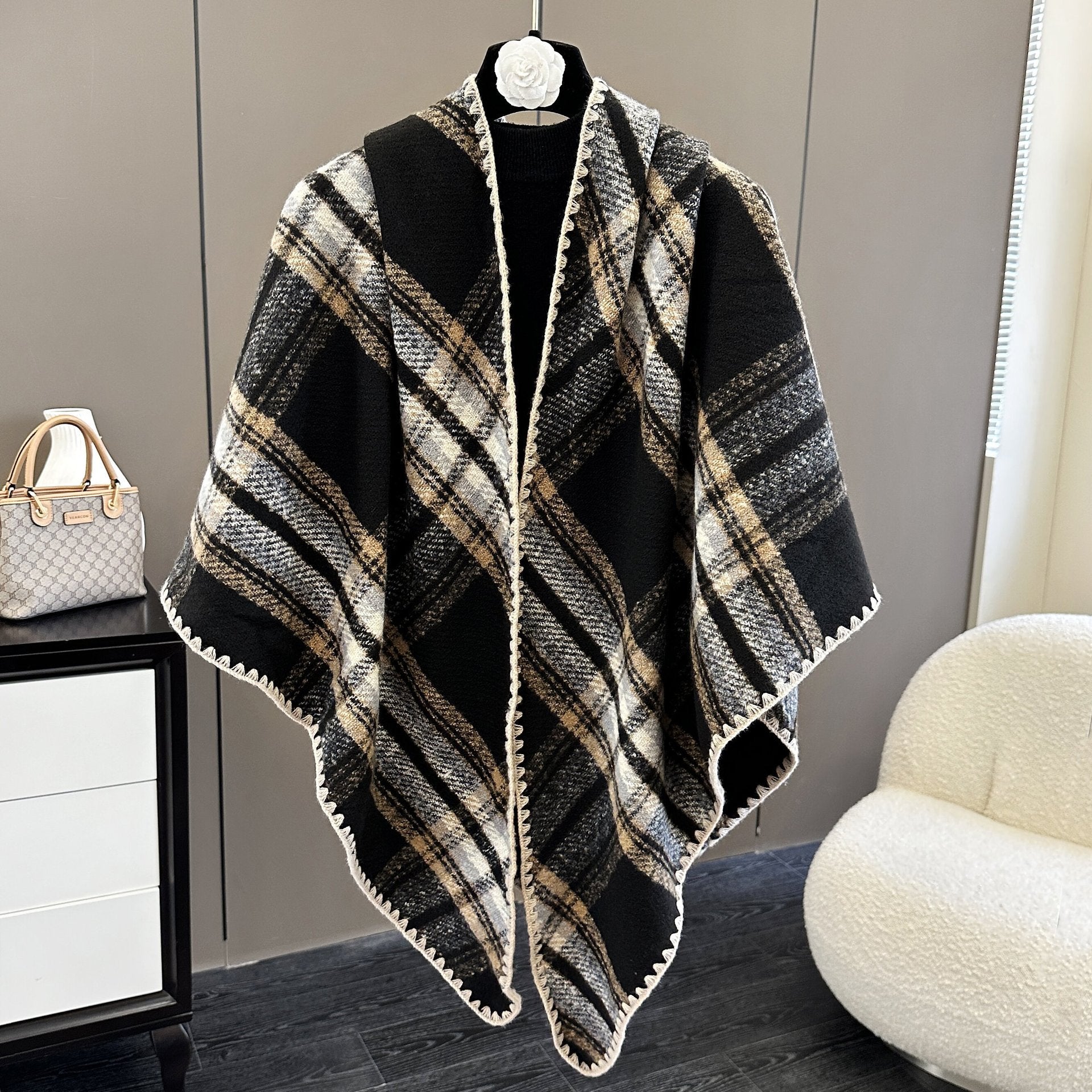 Oversized Polyester Scarf Shawl Wrap Printed Plaid Women's Fall Winter Accessory