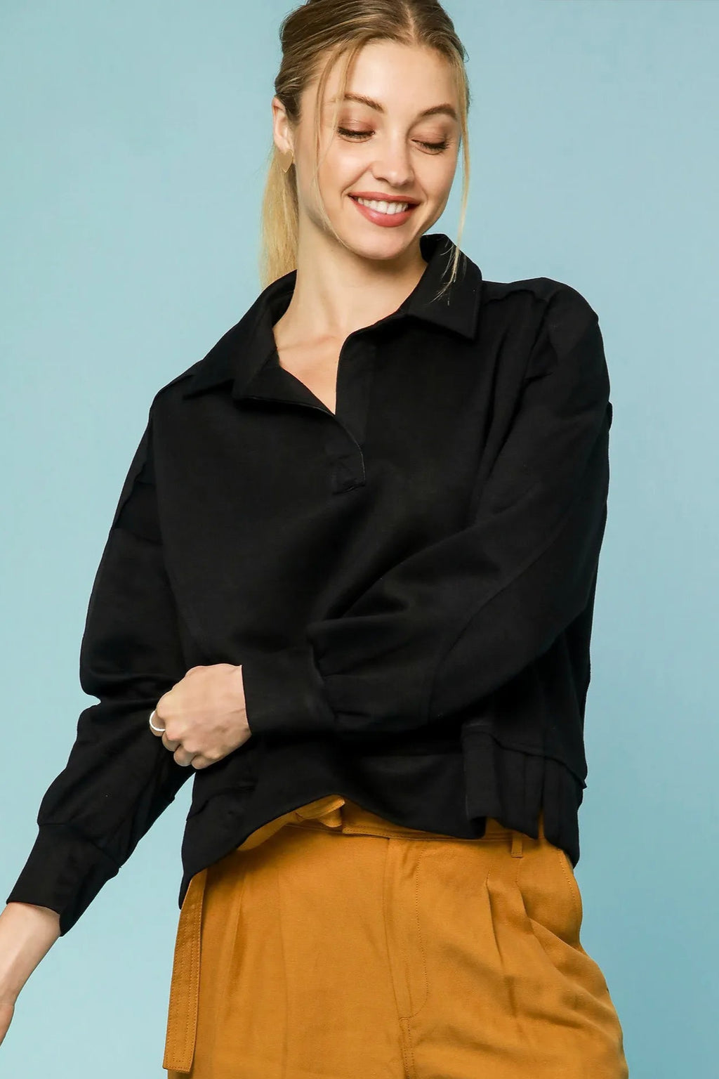 Sarah Express Women’s Collared Long Sleeve Top with Raw Hem Casual Work
